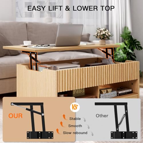 Amada Lift Top Coffee Table with Storage Shelf & Hidden Compartment, Modern Fluted Rectangle Dining Table for Living Room, Home Office,Natural Oak