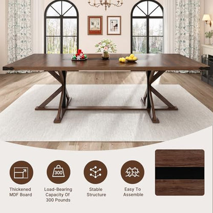 94" Large Dining Table for 10 People, Rectangular Kitchen Farmhouse Table W/Thickness Waterproof Wood Tabletop,Long Dining Room Tables W/Wood Strip Base for Kitchen Living Room(238CM Brown)