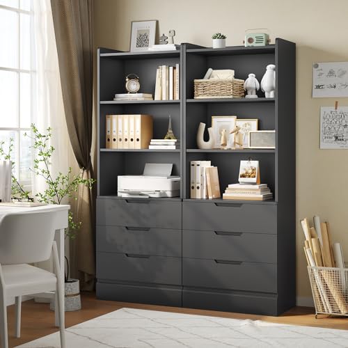 Bookcase with 3 Drawers and Shelves 73.23'' Tall Bookshelf with Storage Modern Wood Closet Drawers System,Closet Organizer Unit Freestanding Tall Storage Cabinet for Home Office,Bathroom,Black