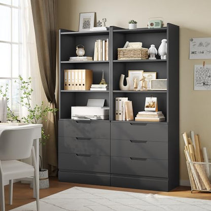Bookcase with 3 Drawers and Shelves 73.23'' Tall Bookshelf with Storage Modern Wood Closet Drawers System,Closet Organizer Unit Freestanding Tall Storage Cabinet for Home Office,Bathroom,Black
