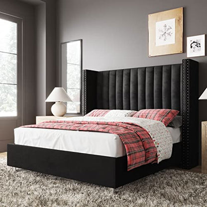 Queen Size Bed Frame Velvet Upholstered Wingback Headboard, Black, view 3