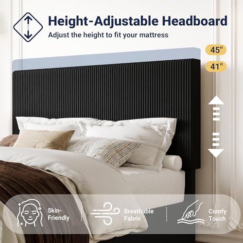 Queen Bed Frame, Adjustable Corduroy Headboard, Platform, Black, view 6
