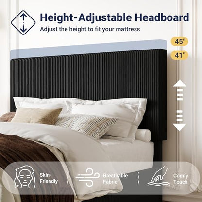 Queen Bed Frame, Adjustable Corduroy Headboard, Platform, Black, view 6