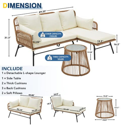 3 Piece Patio Furniture Set, L-Shaped Sectional Conversation Sofa Set with Thick Cushions and Toughened Glass Coffee Table for Backyard Balcony Garden Porch, White