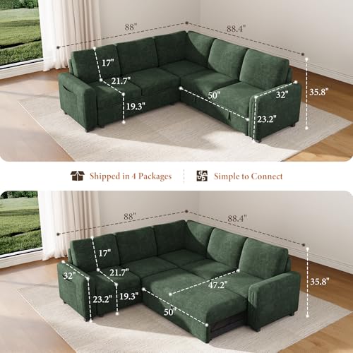 88.4" Sectional Sleeper Sofa with Pull Out Bed, 5 Seater L Shaped Modular Sectional Couch with Storage, Comfy Chenille Modular Couch for Living Room, Bedroom, Apartment, Green