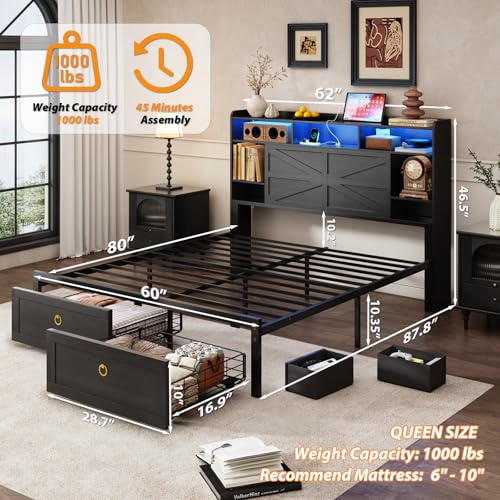 Queen Bed Frame with Storage Headboard, view 3