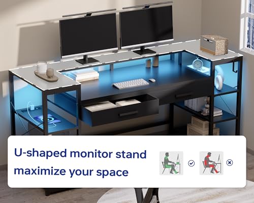 58 Inch Computer Desk with Monitor Stand and Shelves Gaming Desk with LED Lights & Power Outlets PC Vanity Table with 2 Drawers for Home Office Marble