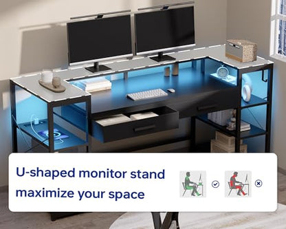 58 Inch Computer Desk with Monitor Stand and Shelves Gaming Desk with LED Lights & Power Outlets PC Vanity Table with 2 Drawers for Home Office Marble