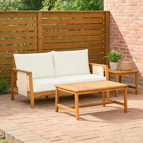 Crew Acacia Wood Outdoor Loveseat and Coffee Table Set, 2 Piece Patio Furniture Set with Removable Cushion, Solid Wood Outdoor Conversation Set, Teak+Beige