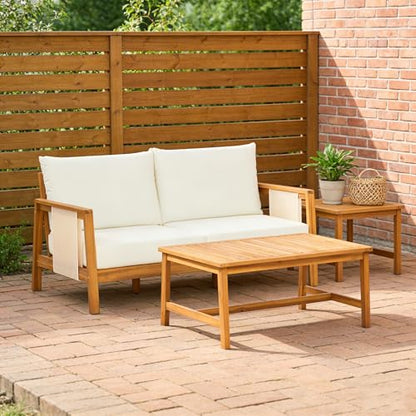 Crew Acacia Wood Outdoor Loveseat and Coffee Table Set, 2 Piece Patio Furniture Set with Removable Cushion, Solid Wood Outdoor Conversation Set, Teak+Beige