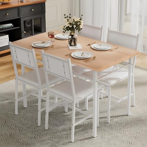 Dining Table Set for 4 with Chairs, 5-Piece Kitchen Table and Upholstered Padded Chairs Set for Small Space, Dining Room, Apartment, Natural White