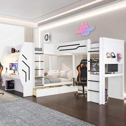 JIVOIT L-Shaped 3 in 1 Bunk Bed, Full & Twin Size Gaming Bunk Bed with Built-in Desks and Pegboard Organizer, Ladders, Storage Drawers and Open Shelve, Multi-User Bunk Bed for Kids Teens (White/62)