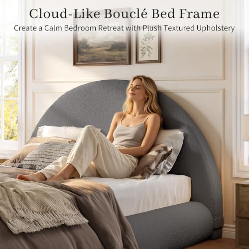 Queen Upholstered Platform Bed Frame with Arched Boucle Headboard, view 5
