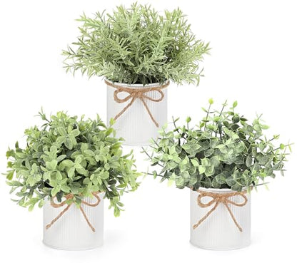 Fake Plants in Farmhouse Galvanized Metal Pots Table Centerpiece Rustic Home Decor, 3 Pack Potted Artificial Plants Faux Eucalyptus for Shelf Indoor Dining Room Office