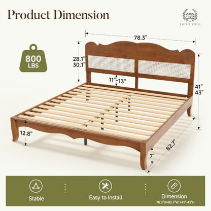 Solid Wood Bed Frame King Size with Adjustable Headboard,Brown, view 3