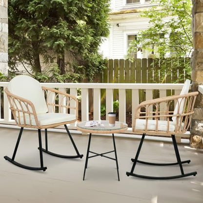 3 Pieces Rocking Chairs Set - Outdoor Wicker Rattan Rocking Chairs with Thickened Cushions, Boho Patio Furniture, Patio Conversation Bistro Sets, for Balcony Garden Porch Living Room