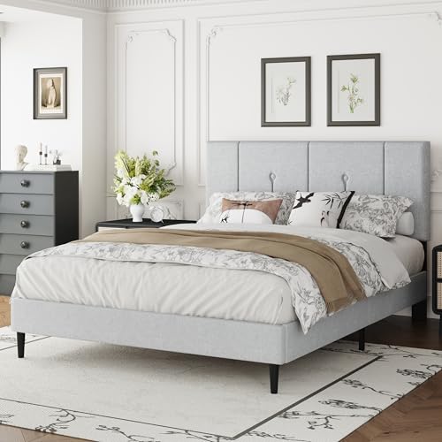 Queen Velvet Headboard Bed Frame Light Grey, view 4