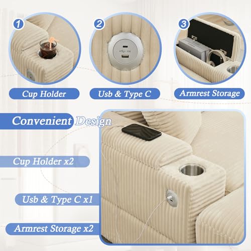 86.6" Sectional Sofa Couch with 2 Ottomans, Comfy Corduroy Upholstered Cloud Modular Convertible Couch with Cup Holders and USB, Armrest Storage, Deep Seat Oversized Loveseat for Living Room, Beige