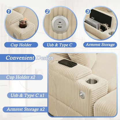 86.6" Sectional Sofa Couch with 2 Ottomans, Comfy Corduroy Upholstered Cloud Modular Convertible Couch with Cup Holders and USB, Armrest Storage, Deep Seat Oversized Loveseat for Living Room, Beige