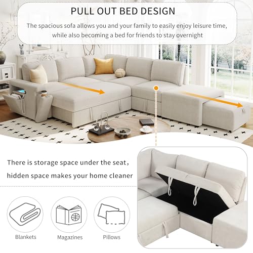 L-Shaped Modular Sofa with Removable Storage Ottoman, USB Ports and Cup Holder, Upholstered Sectional Couch & Armrest, Free Combination Indoor Furniture for Living Room, Apartments, Beige