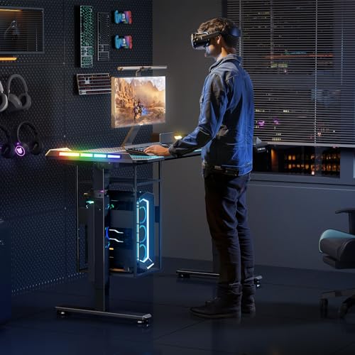 Gaming Standing Desk with LED Lights & Host Shelf, 55" x 24" Gaming Table with Music Sensing APP Control, Underdesk Cable Storage Electric Standing Desk, Black Carbon Fiber PC Table for Home Office