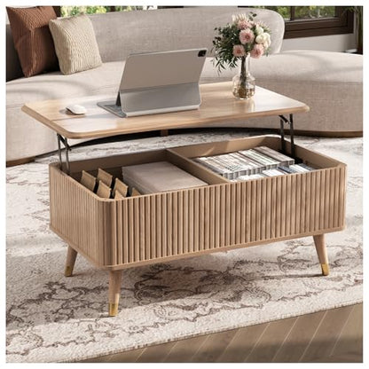 Lift Top Coffee Table with Storage, Mid Century Modern Rectangular Center Table, Fluted Design with Hidden Compartment, Rising Desk for Work from Home, Living Room Furniture, Oak Finish