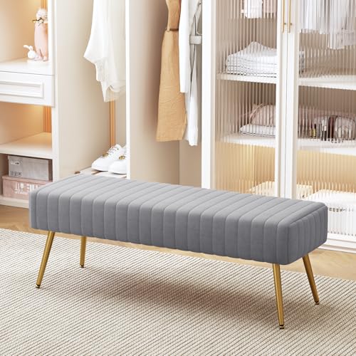 44 Inch Bedroom Benches, Upholstered Tufted Striped Fabric Ottoman Bench with X-Shaped Metal Legs for Living Room, Solid Wood Indoor Bench for Foyer (Grey)