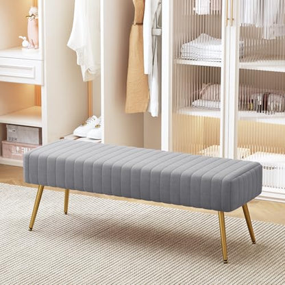 44 Inch Bedroom Benches, Upholstered Tufted Striped Fabric Ottoman Bench with X-Shaped Metal Legs for Living Room, Solid Wood Indoor Bench for Foyer (Grey)