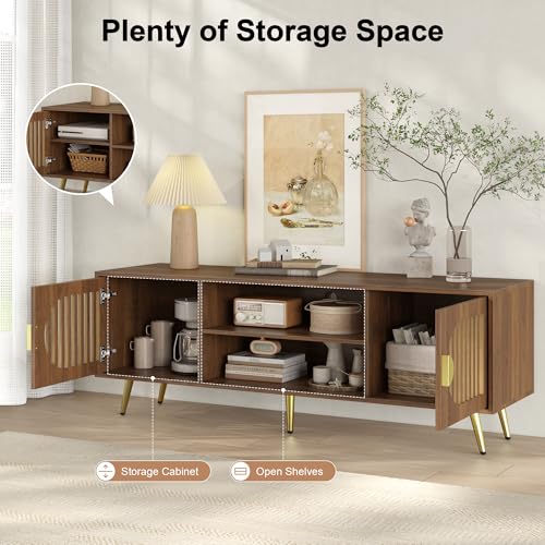 Walnut 55" TV Stand for TVs up to 65 Inch, Mid Century Modern Entertainment Center with Storage Shelves, Media TV Console Table with Storage Cabinet, Wooden Media Furniture for Living Room, Bedroom