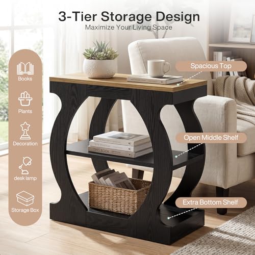 End Table with 3-Tier Storage, Narrow Side Table with Curved Frame, Wooden Nightstand for Living Room, Small Spaces, Bedroom, Rustic Brown & Black