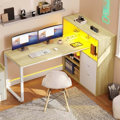 55" L Shaped Corner Computer Desk with Drawers & Power, White Oak, view 2