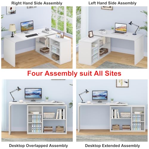 White L Shaped Desk with Shelf, Reversible Modern Home Office Desk Workstation, L Shape Computer Desk with Storage Cabinet Drawer, Industrial Wood Corner Table for Work Study Writing Gaming, 55 In