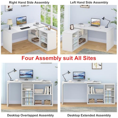 White L Shaped Desk with Shelf, Reversible Modern Home Office Desk Workstation, L Shape Computer Desk with Storage Cabinet Drawer, Industrial Wood Corner Table for Work Study Writing Gaming, 55 In