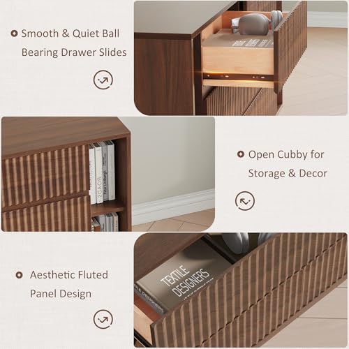 63 Inch Fluted 6 Drawers Dresser with Shelves, Walnut, view 6