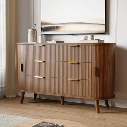 Fluted 6 Drawer Dresser, 55" Mid Century Modern Chest of Drawers, view 4