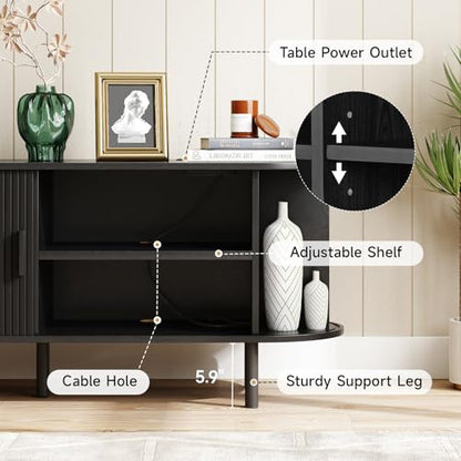 70.8" TV Stand with Power Outlet for TVs up to 75 Inch, Entertainment Center with Storage and Adjustable Shelves, Modern Media Console with Sliding Doors for Living Room, Black