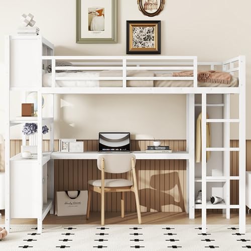JIVOIT Full Size Loft Bed with L-Shaped Desk, Storage Cubes and Shelves, Heavy Duty Metal Loft Bed with Wardrobe for Kids Teens Adults, No Box Spring Needed (White/ Full,76)