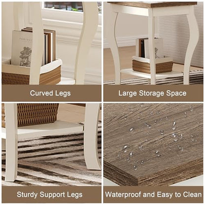 End Tables Living Room, Side Tables Living Room with Curved Legs and Storage Shelf, Small End Tables for Small Spaces, Soft White