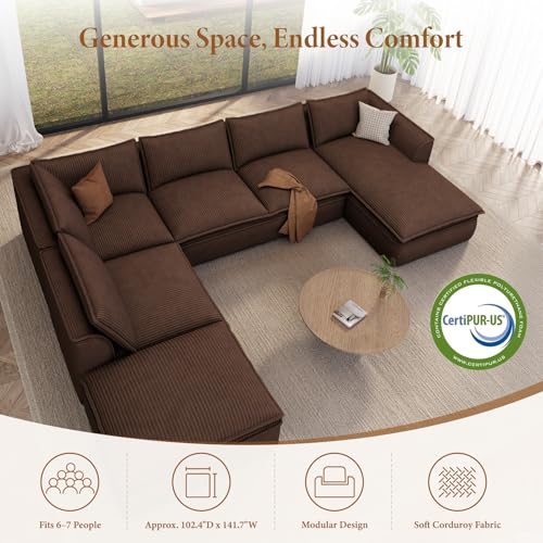 141.7" Oversized Boneless Sectional Couch, Modern 7 Seater Modular Sofa with Chaise & Ottoman, Deep Seat Corduroy Cloud Couches for Living Room, No Assembly Required, Dark Brown
