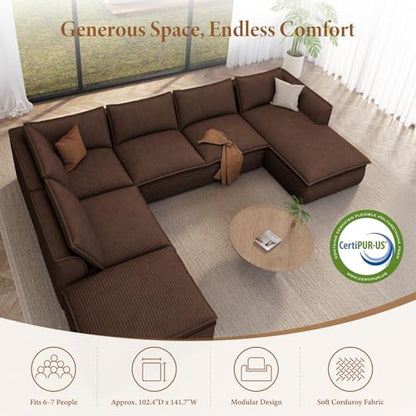 141.7" Oversized Boneless Sectional Couch, Modern 7 Seater Modular Sofa with Chaise & Ottoman, Deep Seat Corduroy Cloud Couches for Living Room, No Assembly Required, Dark Brown
