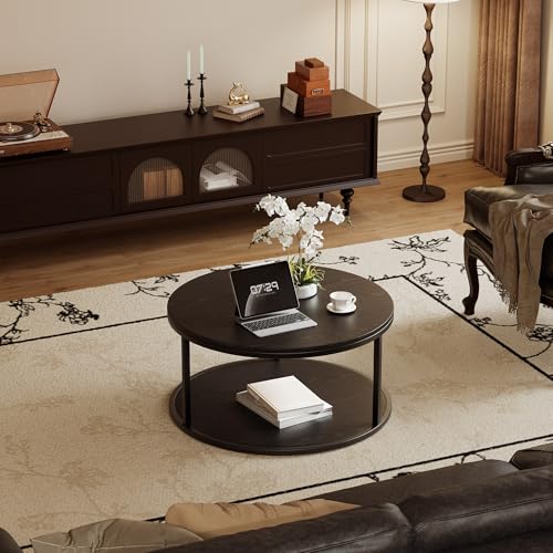 36" Coffee Tables with Storage, 2-Tier Round Coffee Table, Center Table for Living Room, Furniture for Small Spaces, Black