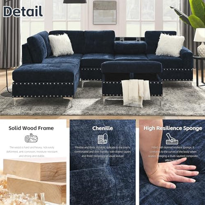 108'' Sectional Couches for Living Room, Modular 5-Seater Couch Sofa with Reversible Chaise & Cup Holders, L-Shaped Corner Sofa with Storage Ottoman for Apartment Office (Chenille, Navy Blue)