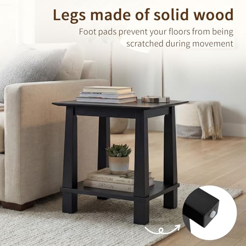 2-Tier End Table, Small Side Table Living Room with Solid Wood Legs, Nightstand with Open Space Square Bedside Table for Bedroom, Black