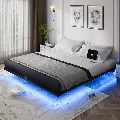 Metal King Size Bed Frame with LED Lights and Charging Station, view 2