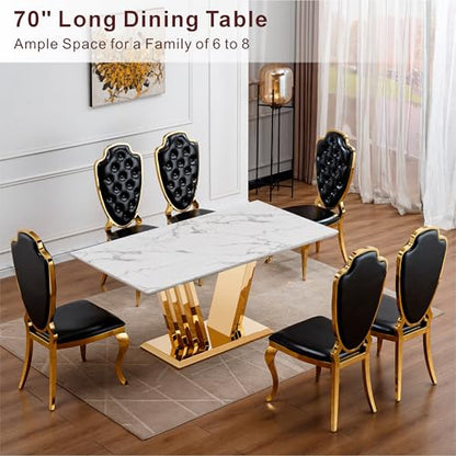 Marble Dining Table for 6 People, 70'' Rectangle Faux Marble Dining Table with Mirrored Stainless Steel Base, Large Size Marble Kitchen Table (Gold,White)(only Table)