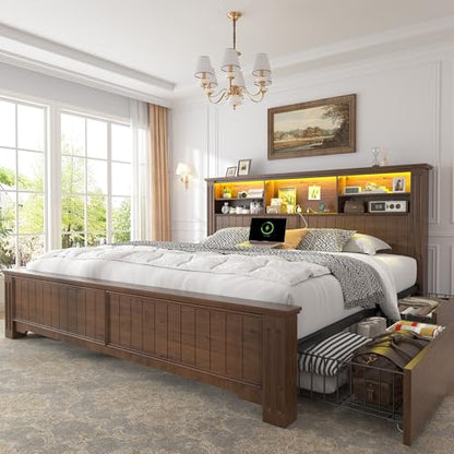 King Size Bed Frame and Headboard & Storage,4 Drawers,Brown, view 2