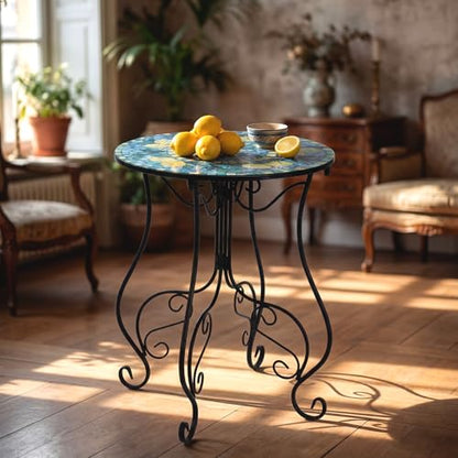 14 Inch Lemon Small Outdoor Patio Side Table Lemon Round Mosaic Side Table Accent Indoor End Plant Metal Coffee Tea Furniture for Yard Porch Garden Living Room Bedroom