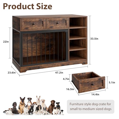 47” Large Dog Crate, Dog Kennel Indoor with 2 Drawers and 4 Shelves, view 3