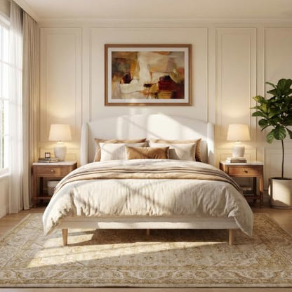 Queen Upholstered Bed Frame with Wingback Headboard (White, Queen) | Cloud Boucle Platform Bed, Solid Wood Legs, Strong Wood Slats Support, No Box Spring Required