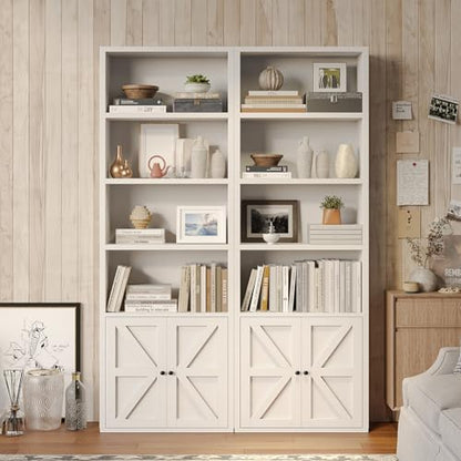 6 Tier 71" Tall Wooden Bookshelf&Bookcase with Doors, Storage Shelves Organizer, Floor Standing Modern Display Cabinet Shelves, Home Decor Furniture for Home Office, Living Room, Bedroom, White